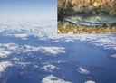 montasje av to bilder; Sognefjorden sett fra et fly, og to små torsk i sjøen