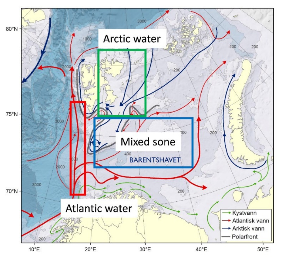 Map of arctic water at top, mixed zone in the middle and Atlantic waters below.