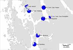 Kartet viser at i Bergensområdet er det tatt sjømatprøver fra Breivik, Kollevåg, Åsane, Bontelabo, Kleppestø, Bjorøya og Sandøya