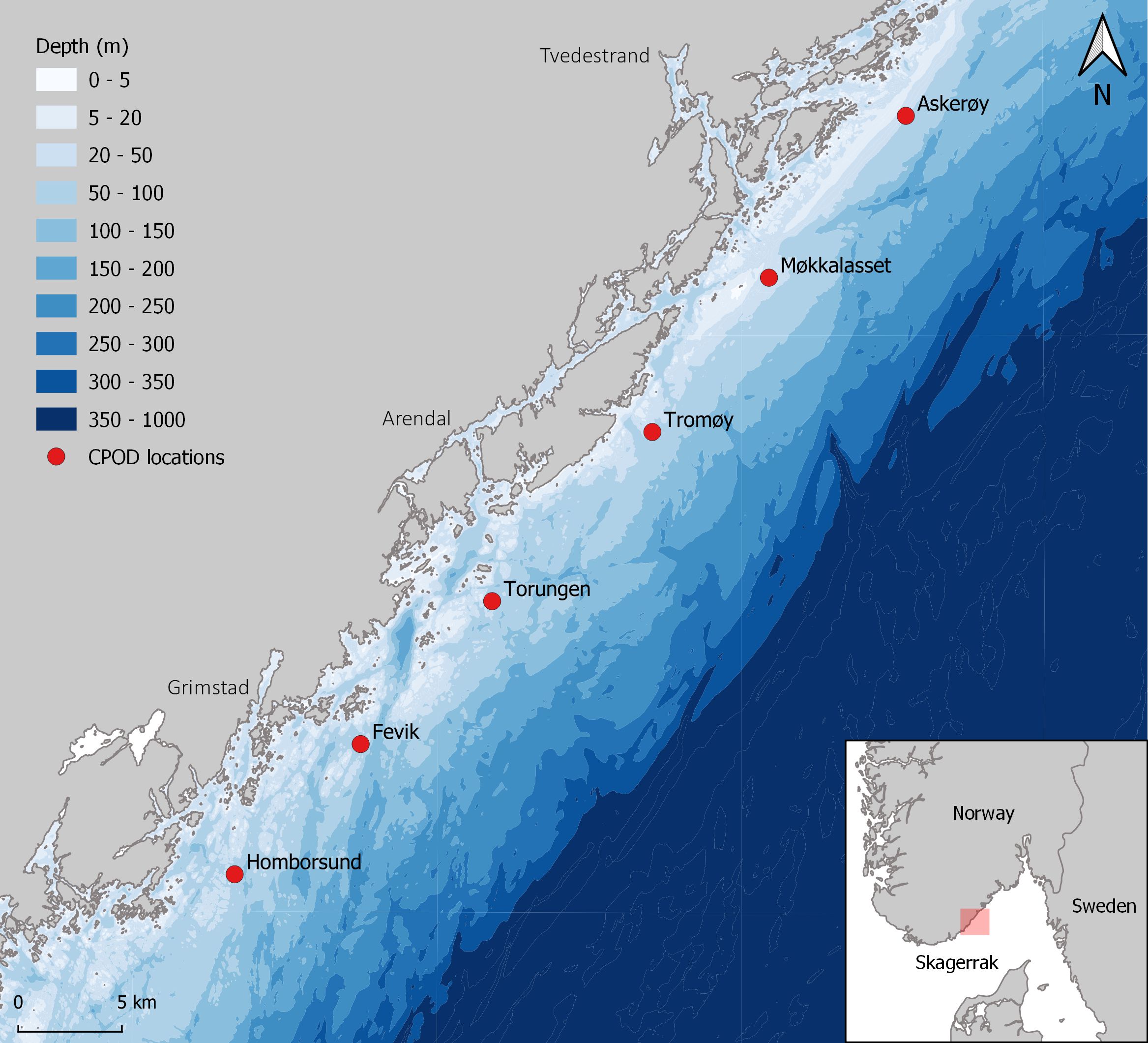 kart over deler av sørlandskysten med røde prikker som viser hvor de ulike stasjonene for lytting er satt ut 