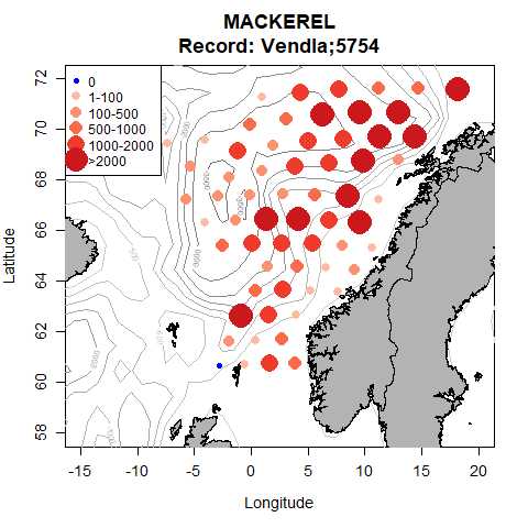Kart over norskekysten som viser fangstene av makrell ved hjelp av røde prikker. Kartet viser at mest makrell har vært fanget relativt langt øst i Norskehavet, og mindre langs kysten.