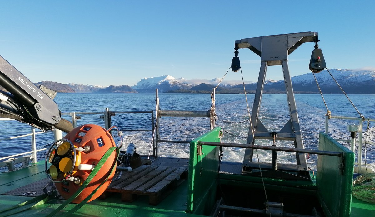 
dekket på en båt i fart med en blå fjord og snøkledde fjelltopper i bakgrunnen 