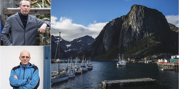 

Kollasj av tre bilder. To portrett av menn som ser i kamera med nøytralt uttrykk. Stort bilde av havn med fiskebåter og høytt, bratt fjell i bakgrunnen. 