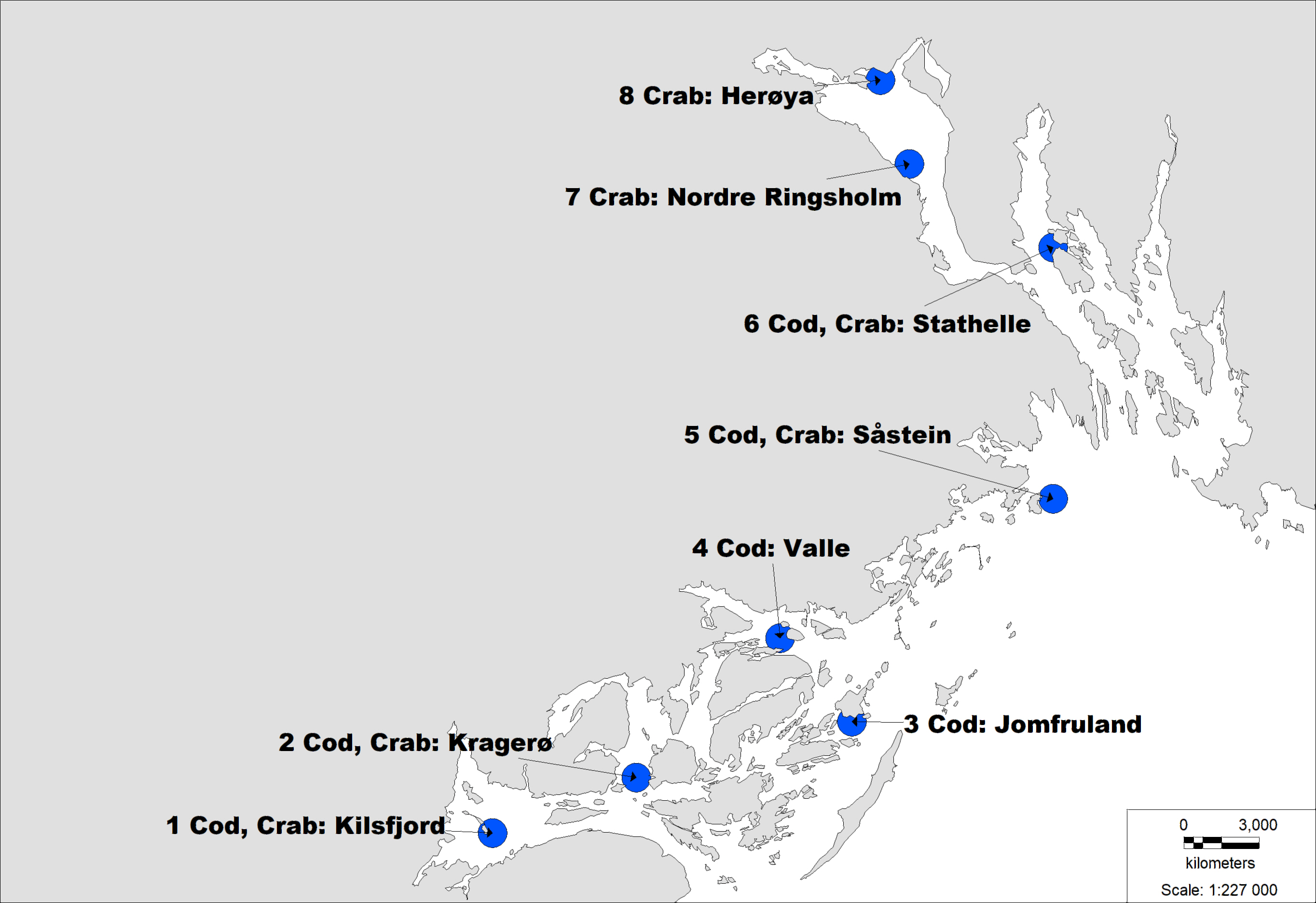 Kartet viser at i Kragerø/Grenlandsområdet er det tatt prøver fra Herøya, Ringsholm, Stathelle, Såstein, Valle, Kragerø, Kilsfjord og Jomfruland