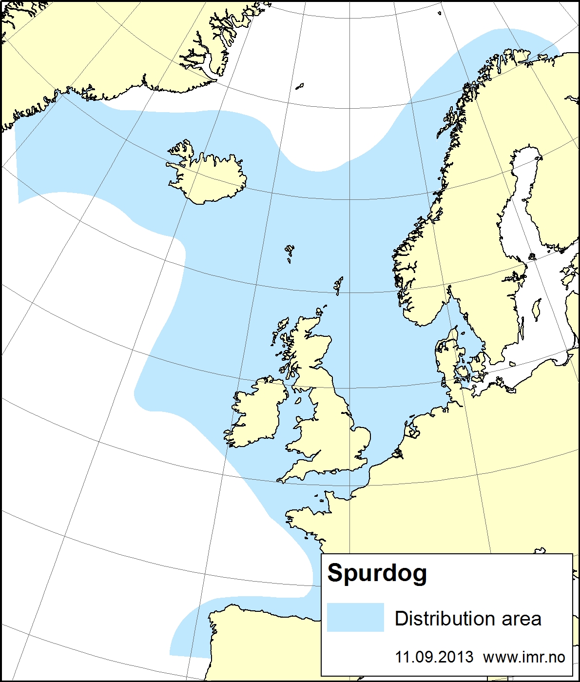 map showing the distribution area for spurdog