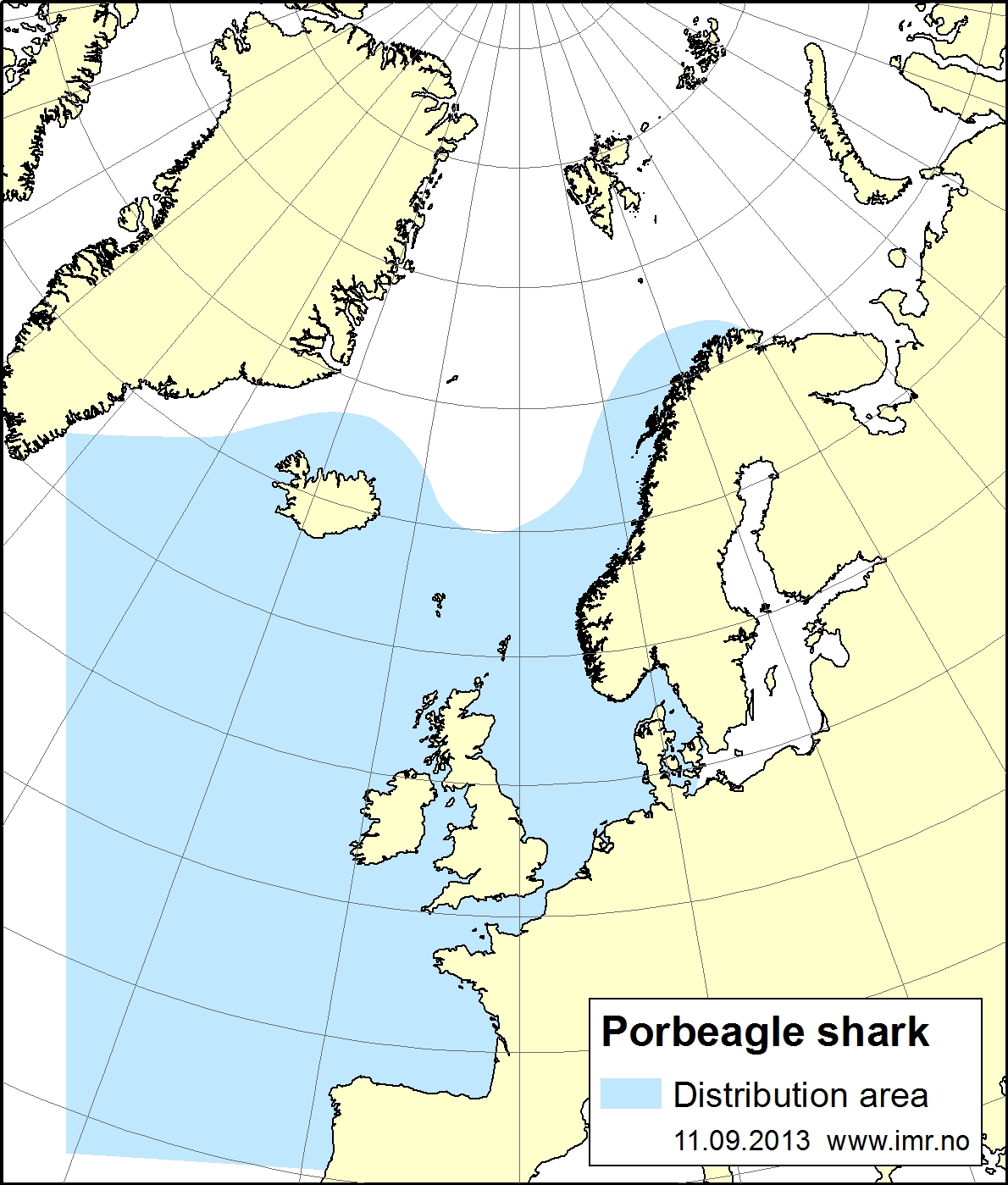 map showing distribution of perbeagle shark