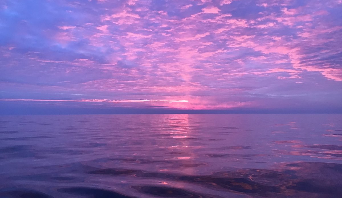 
solnedgang i havet farger himmelen og sjøen rosa-lilla