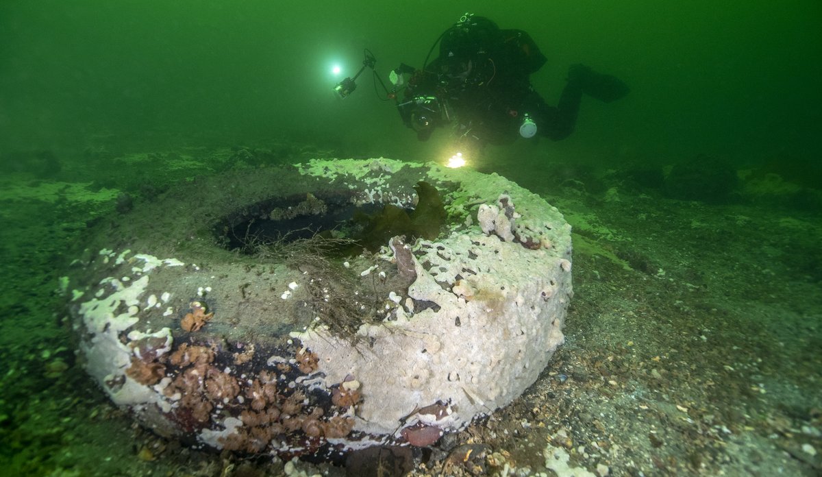 
Stort dekk på havbunnen dekket av hvitt havnespy og med dykker i bakgrunnen