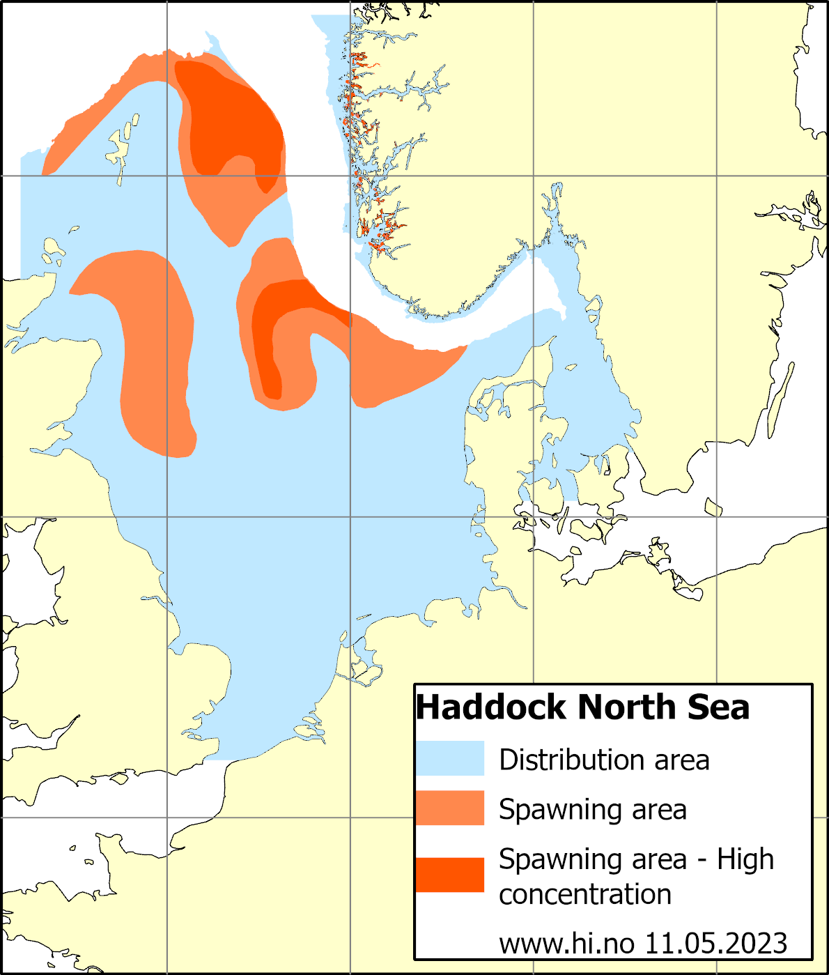 Map showing distribution of haddock in the North sea