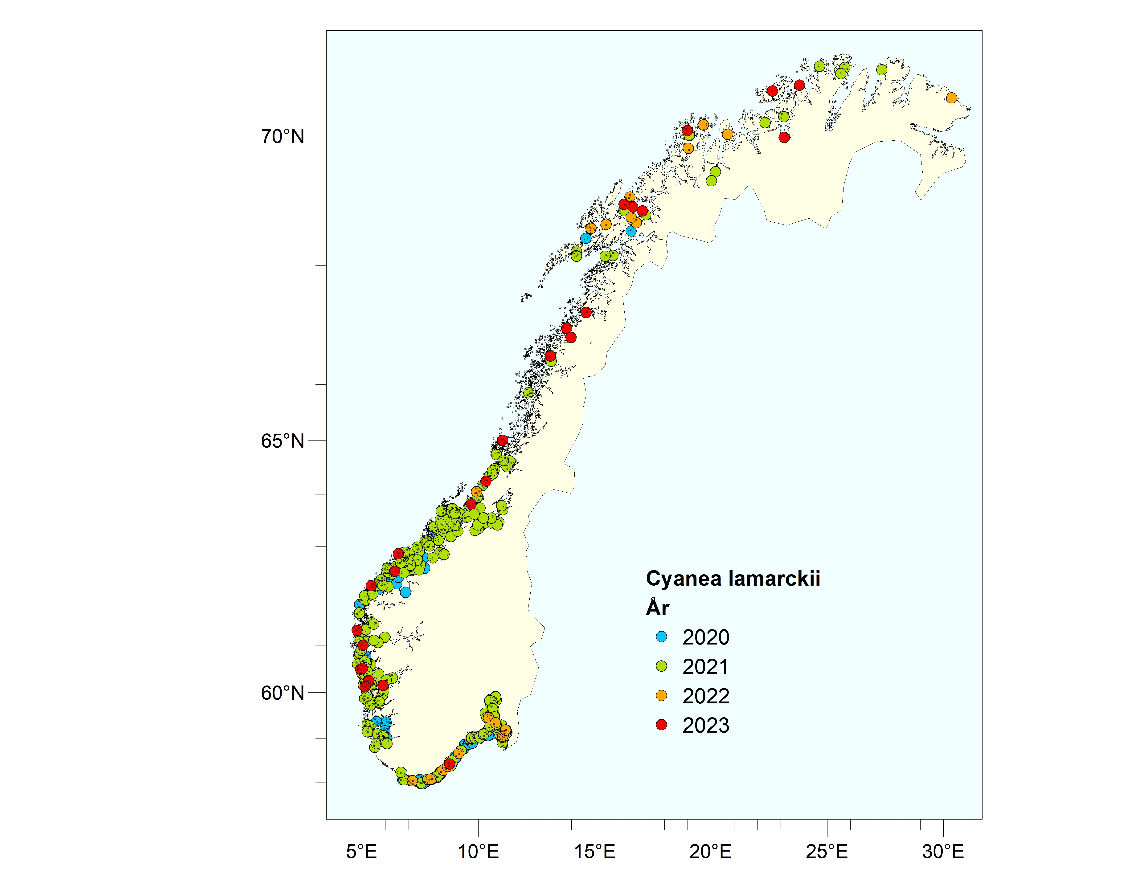 Eit kart som syner manetobservasjonar i Noreg dei siste åra