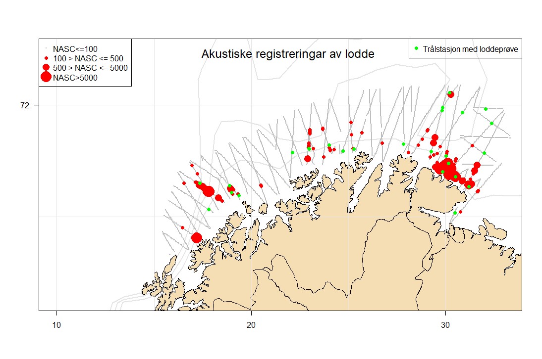 Kart over kysten av Troms og Finnmark som viser fordeling av lodde.