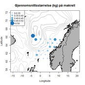 Et kart over norskekysten med blå prikker som viser gjennomsnittsstørrelsen på makrell.