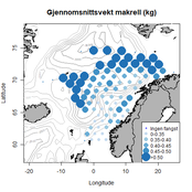 Et kart ovre norskekysten som viser gjennomsnittsstørrelsen på makrell. Makrellen fanget langt nord er betydelig større enn den fanget lenger sør.