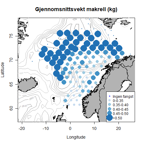 et kart over norskekysten som med blå prikker viser gjennomsnittsstørrelsen på makrell. Kartet viser at de største makrellene ble fanget lengst mot nord og nordvest i Norskehavet. 