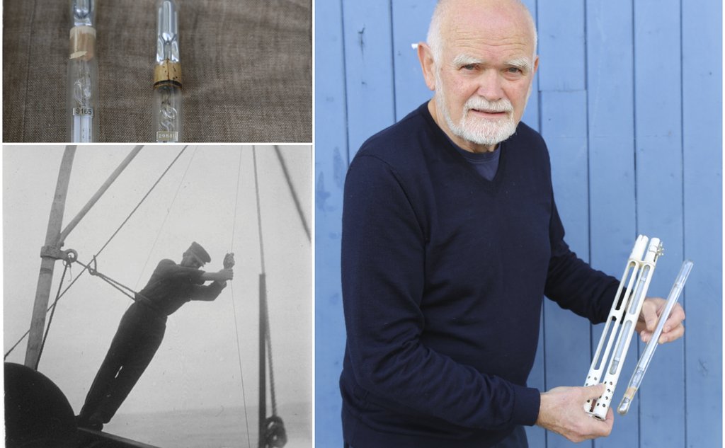 Montasje med svart-hvitt bilde av en havforsker som slipper ut en vannhenter, detaljer fra Negretti og Zambras vendetermometer og et bilde av havforsker Svein Sundby som viser frem termometeret.