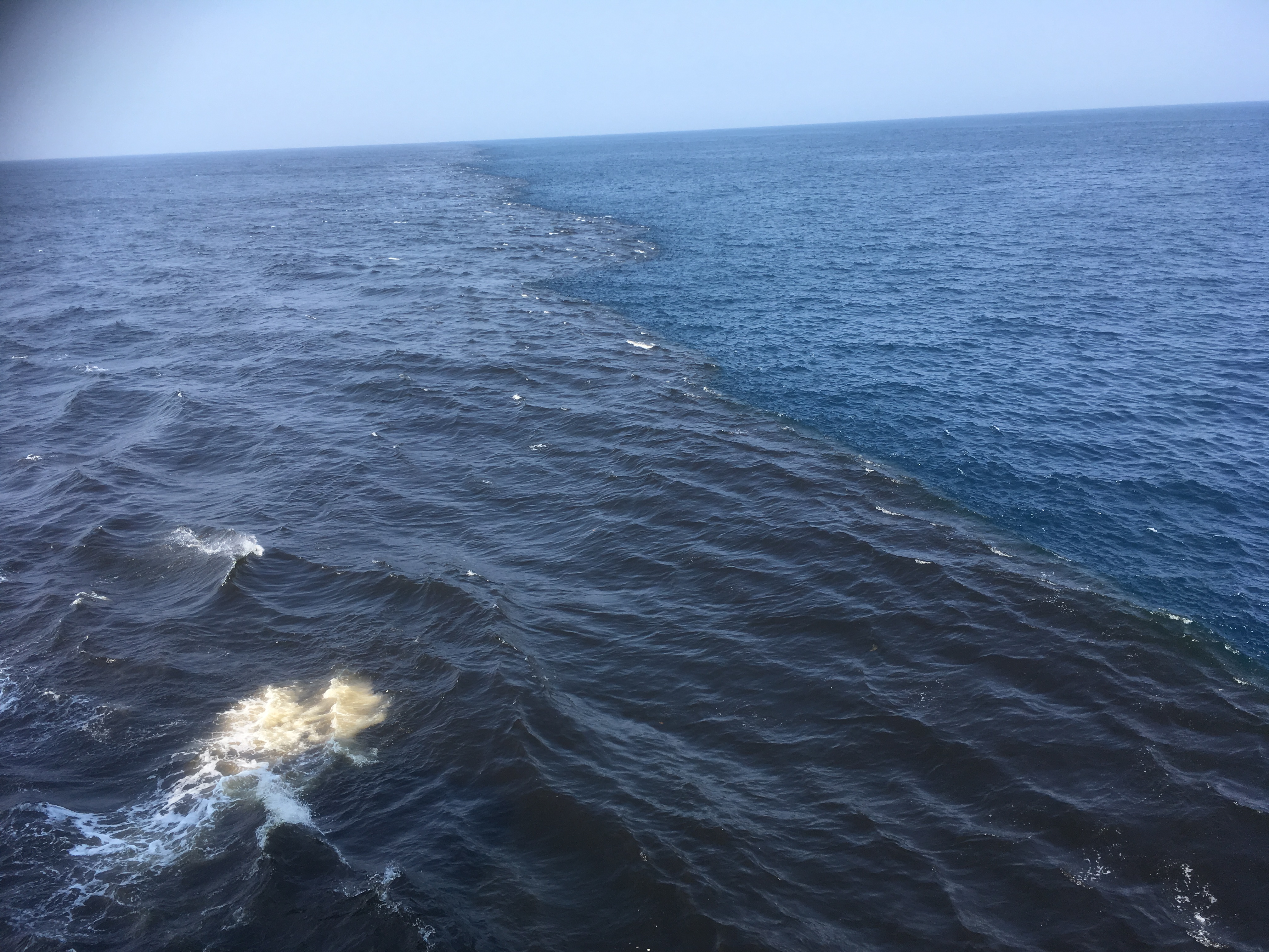 Mørkt elvevann til venstre møter blått hav til høyre med et tydelig skille mellom dem i midten.