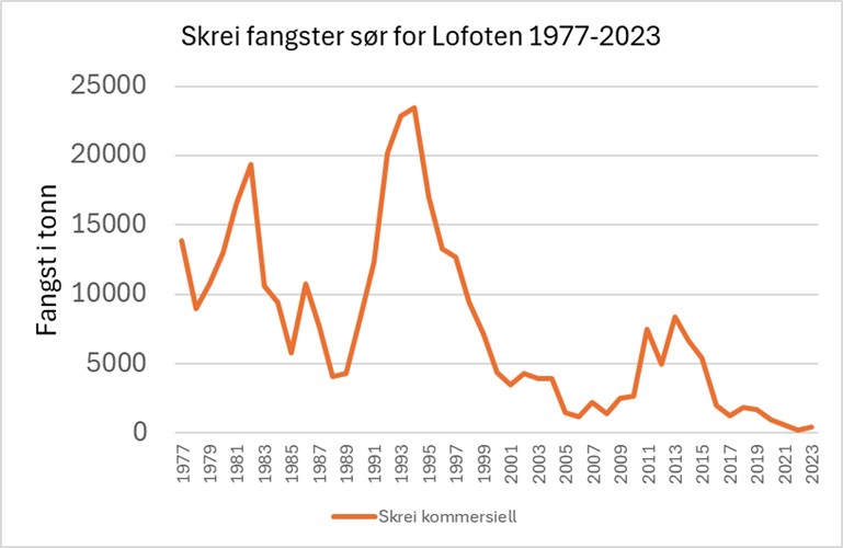 Graf som viser nedgangen i skreifisket sør for Lofoten