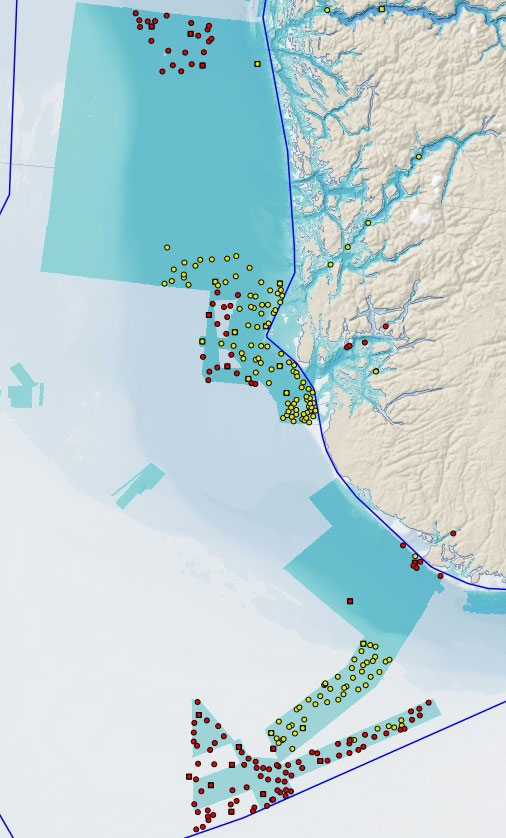 Kart over deler av Sør-Norge og havområdet utenfor. Stasjonene som er undersøkt er markert.