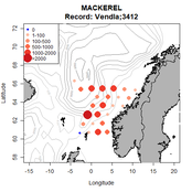 Kart over norskekysten med røde prikker som viser fangsten på makrell. Kartet viser at det foreløpig har vært fanget lite makrell langs kysten 