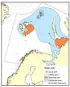 map showing the distribution area of Polar cod in the Barents Sea