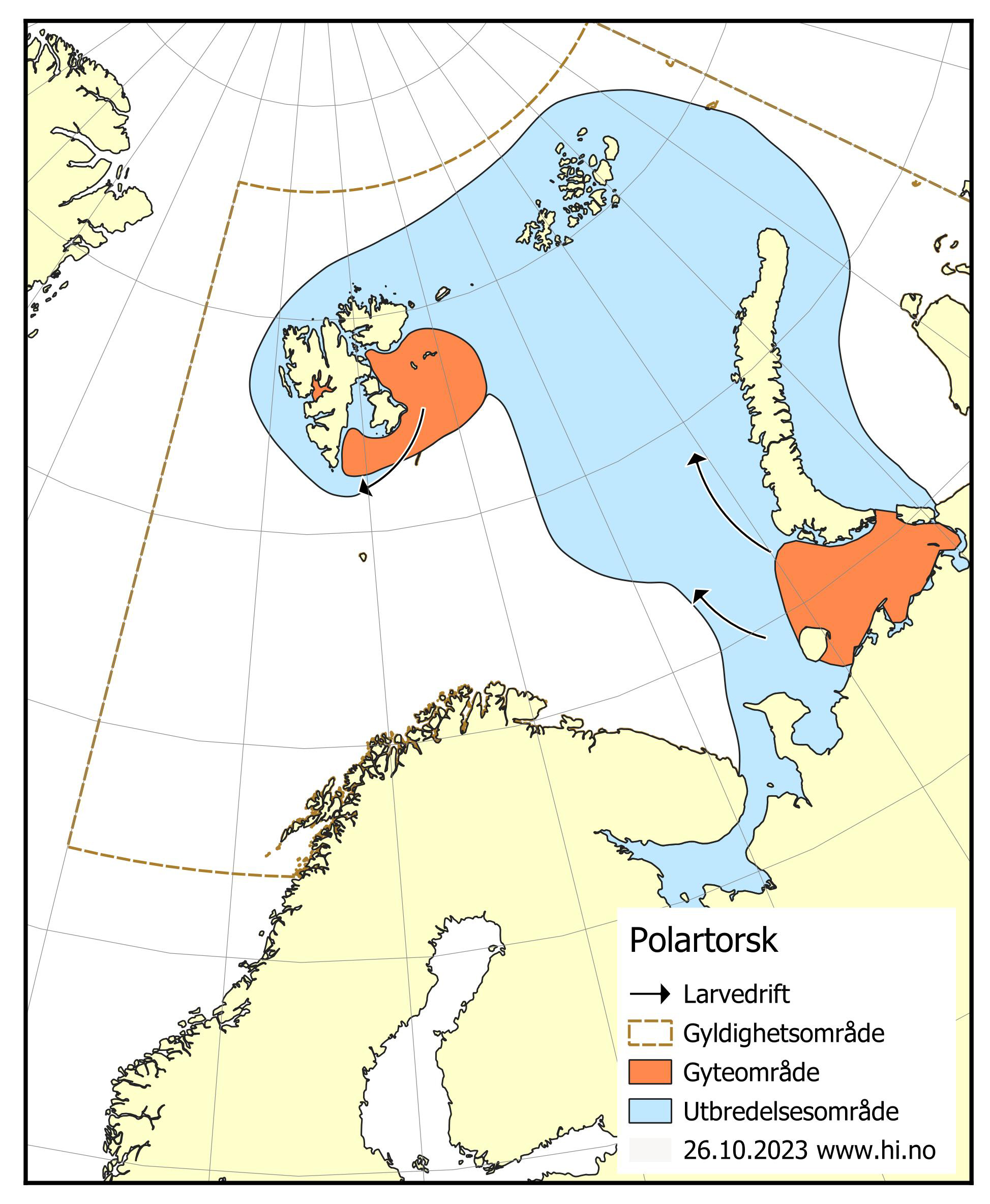 utbredelseskart for polartorsk i Barentshavet
