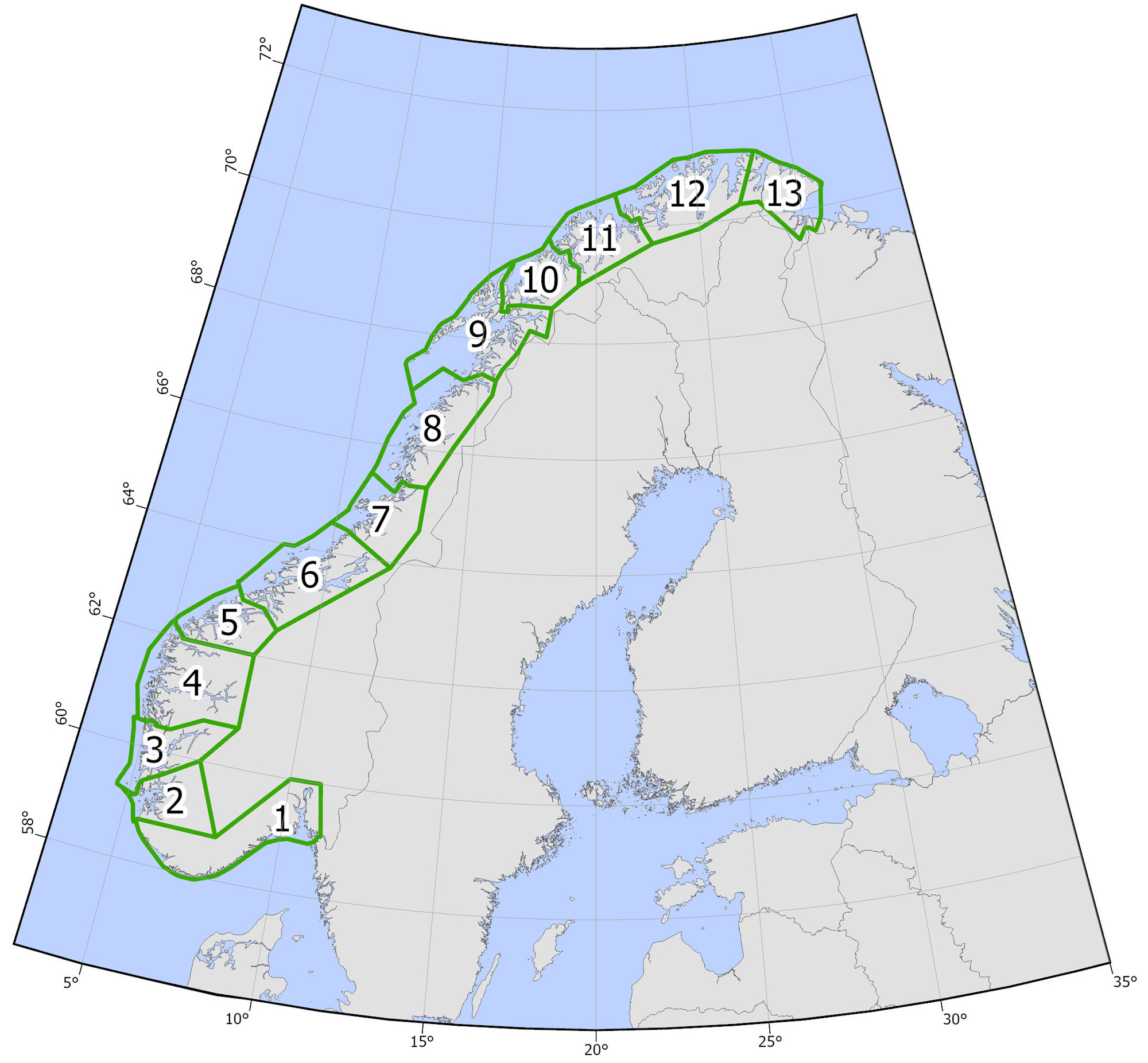 Kart som viser inndelingen av de 13 produksjonsområdene.