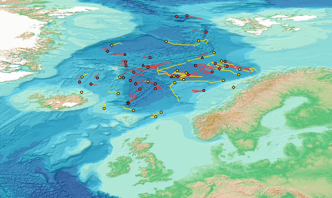 Kart over Norskehavet med flere prikker og medfølgende streker