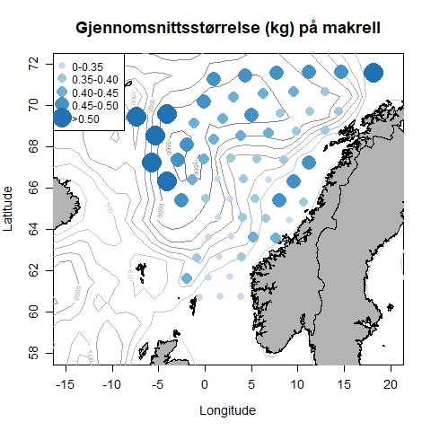 Kartet over norskekysten viser gjennomsnittsvekten på makrell ved hjelp av blå prikker.