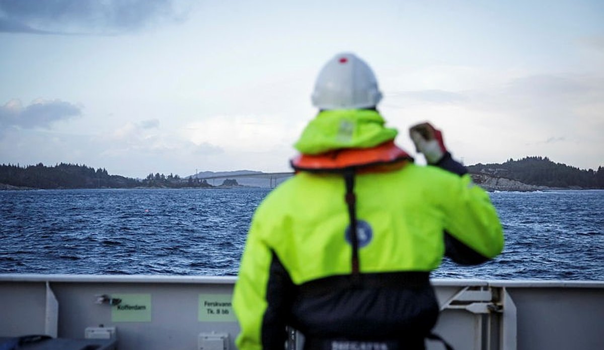 person i arbeidstøy står ved skutesiden og ser utover sjøen