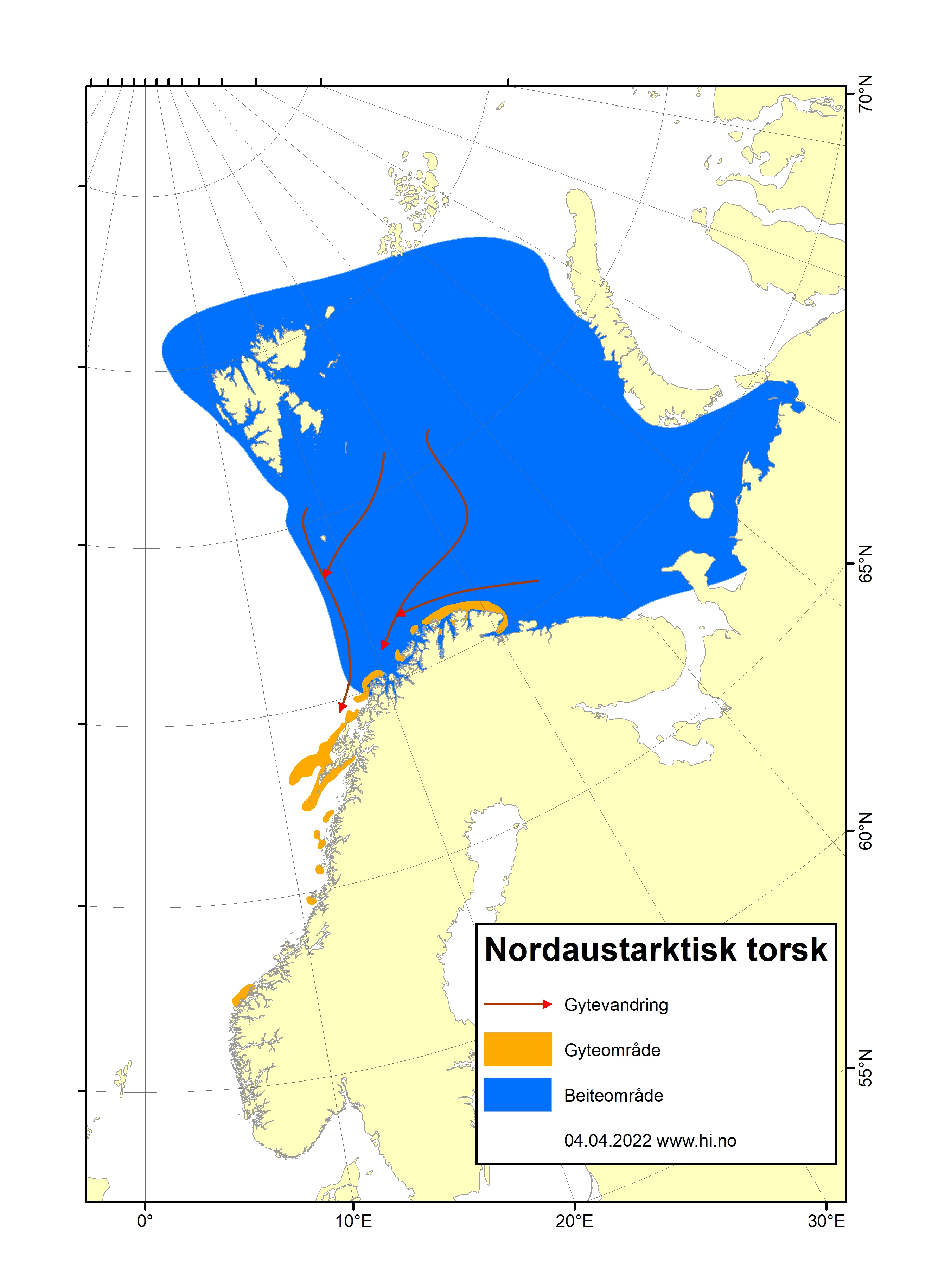 Kart over Norge med store blå felt i nord som markerer beiteområde, og oransje områder konsentrert rundt Lofoten som viser gyteområder