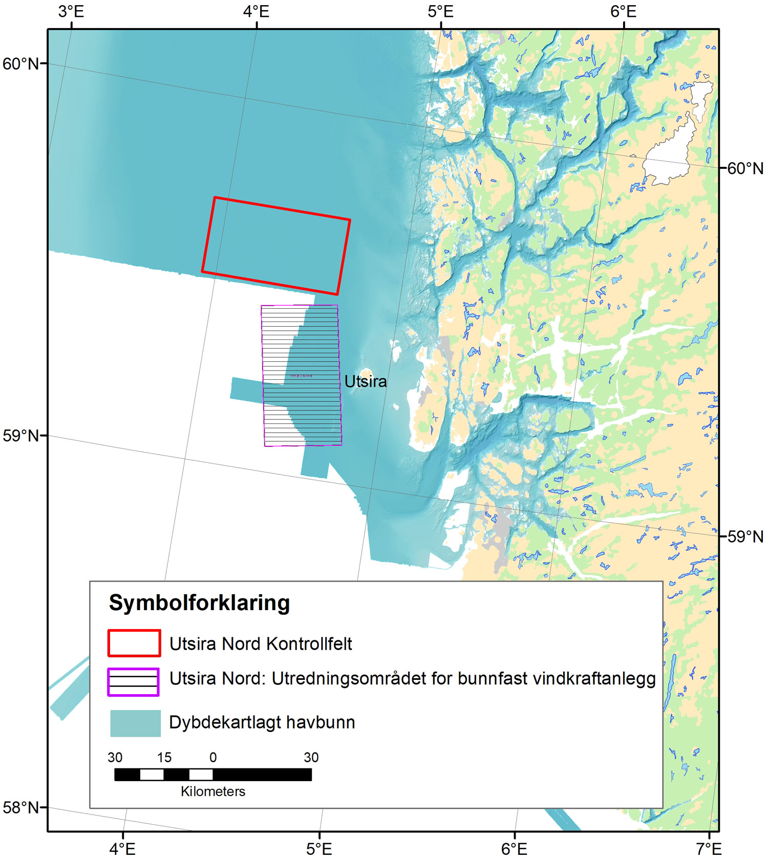 Kart som viser hvor Utsira Nord er og hvor mye av området som er dybdekartlagt fra før.