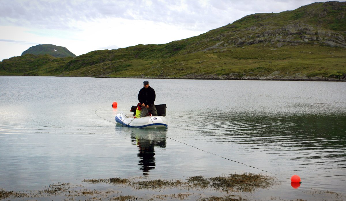 Fisker i småbåt på sjøen.