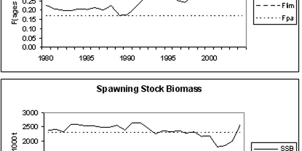 

Grafer som viser historisk utvikling i fiskedødelighet og gytebiomasse for makrell