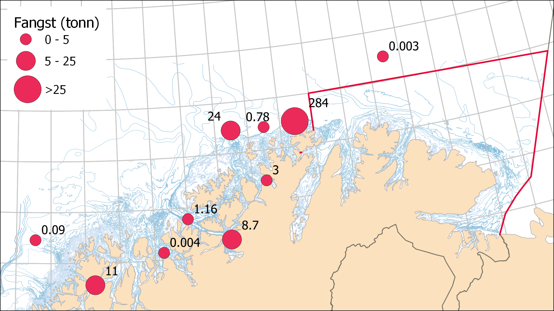 Kart over finnmark, kvoteregulert område er markert. Punkter viser hvor det fiskes i det frie fisket utenfor kvoteregulert område. De fleste fangstene tas rett vest for kvoteområdet, samt utenfor Alta og Tromsø.