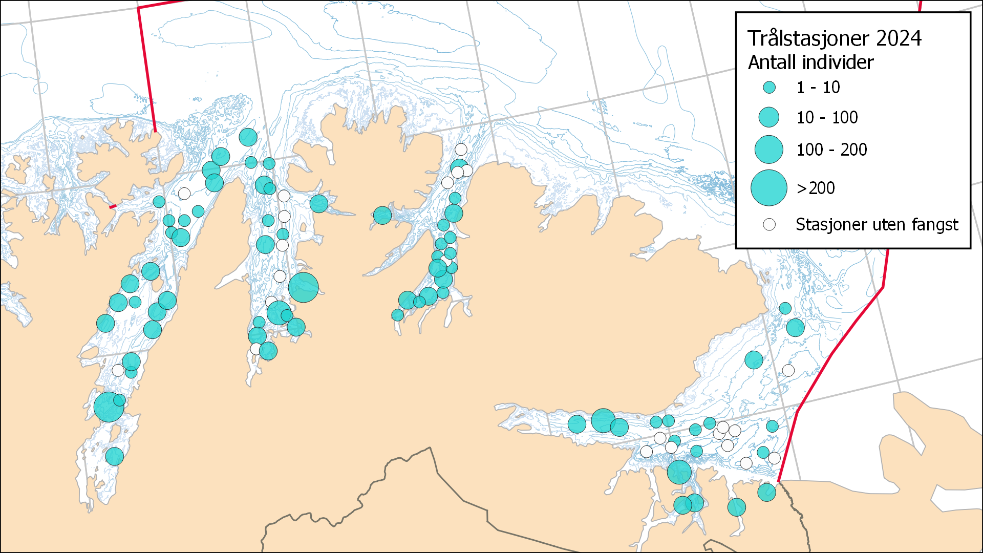 Kart over fjordene i Midt- og Øst-Finnmark. Punkter med gradert størrelse viser trålstasjnene på årets kartleggingstokt. 