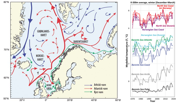 Venstre panel: Oversikt over havstrømmer i Nordsjøen, Norskehavet og Barentshavet (Kilde: Havforskningsinstituttet). Høyre panel: Modellert temperaturendring fra 0-200 m dyp i desember i Nordsjøen, Norskehavet og Barentshavet fra 1970 til 2020, hentet fra Ma mfl. (2024). Stiplete horisontale linjer indikerer statistiske definerte temperaturregimer. 