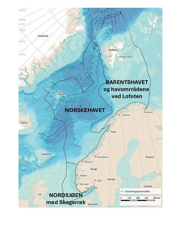 Figur som viser kart over havområder inkludert i havforsvaltningsplanenen