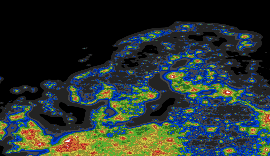 Kart som viser lysforurensning om natten i Europa. Hentet fra Light Pollution Atlas 2020 (djlorenz.github.io).