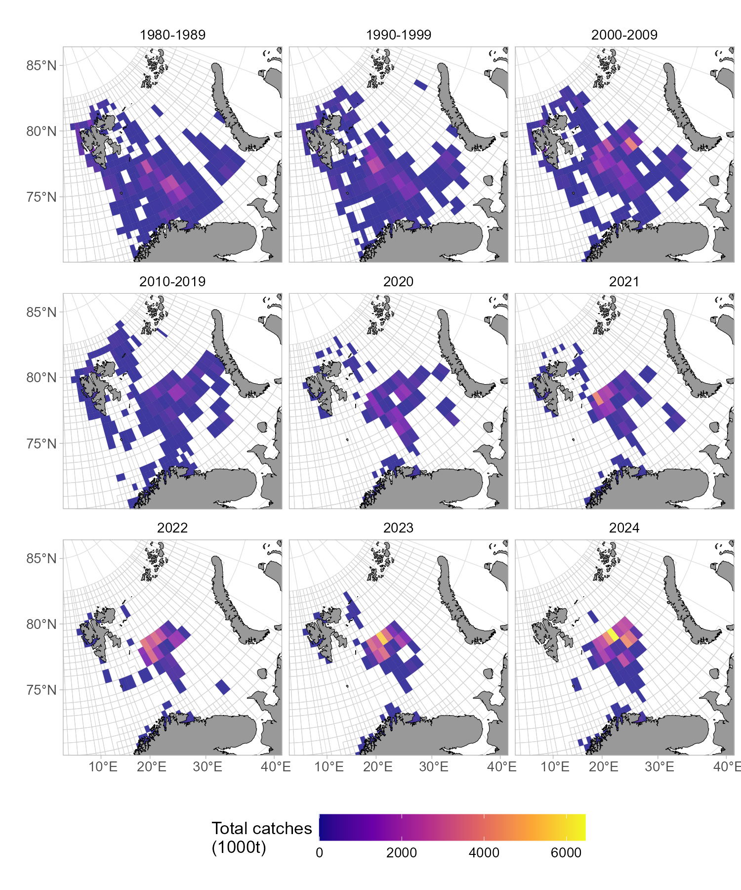 Distribution of annual catches by Norwegian vessels since 1980 based on logbook information. For periods before 2020, mean annual catches across a decade are shown. 2024 includes only data until October.