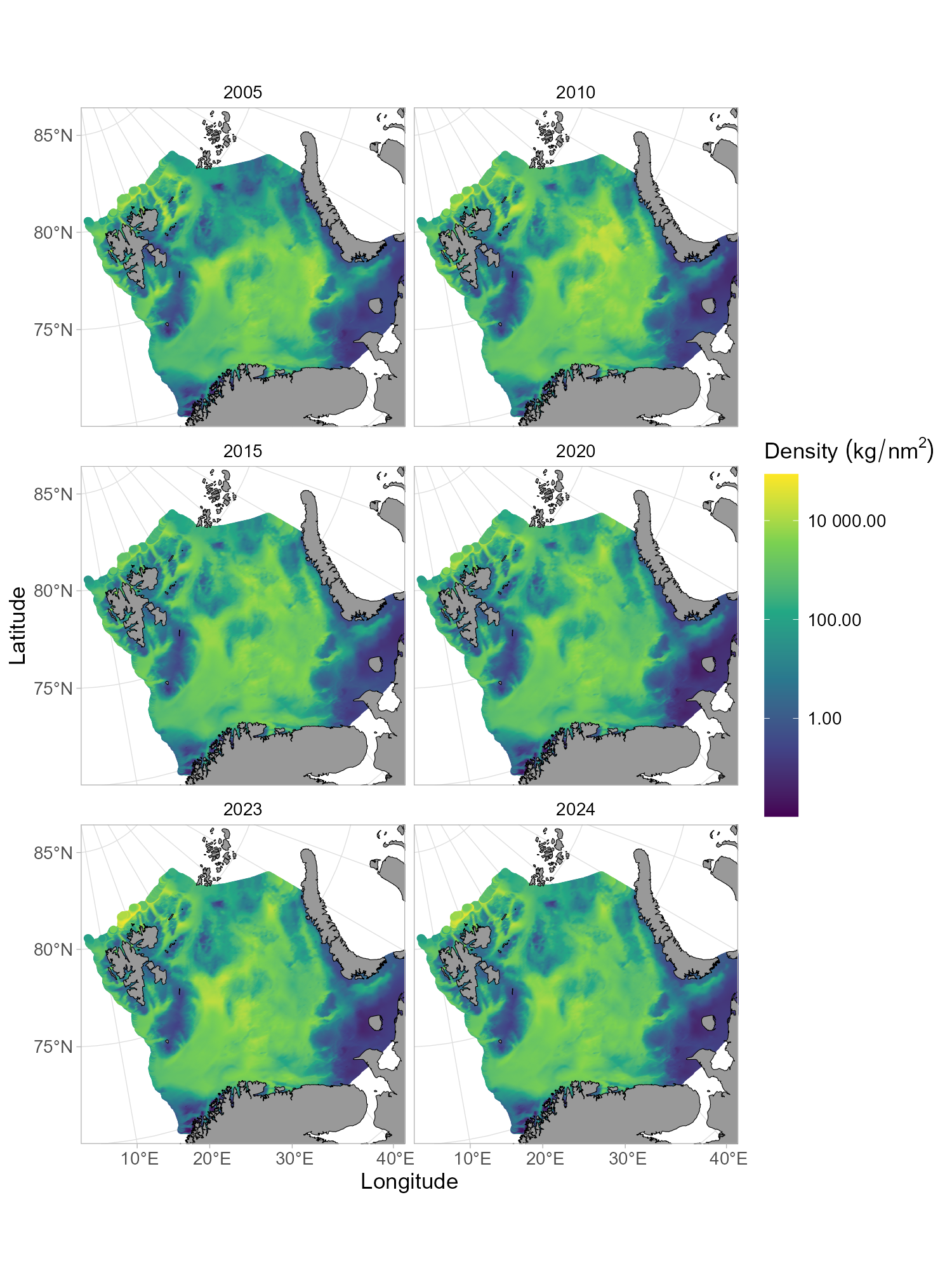 Spatial distribution of shrimp biomass based on ecosystem system survey data. Biomass is predicted with a GAMM including spatio-temporal correlation that was used to produce the standardized survey index.