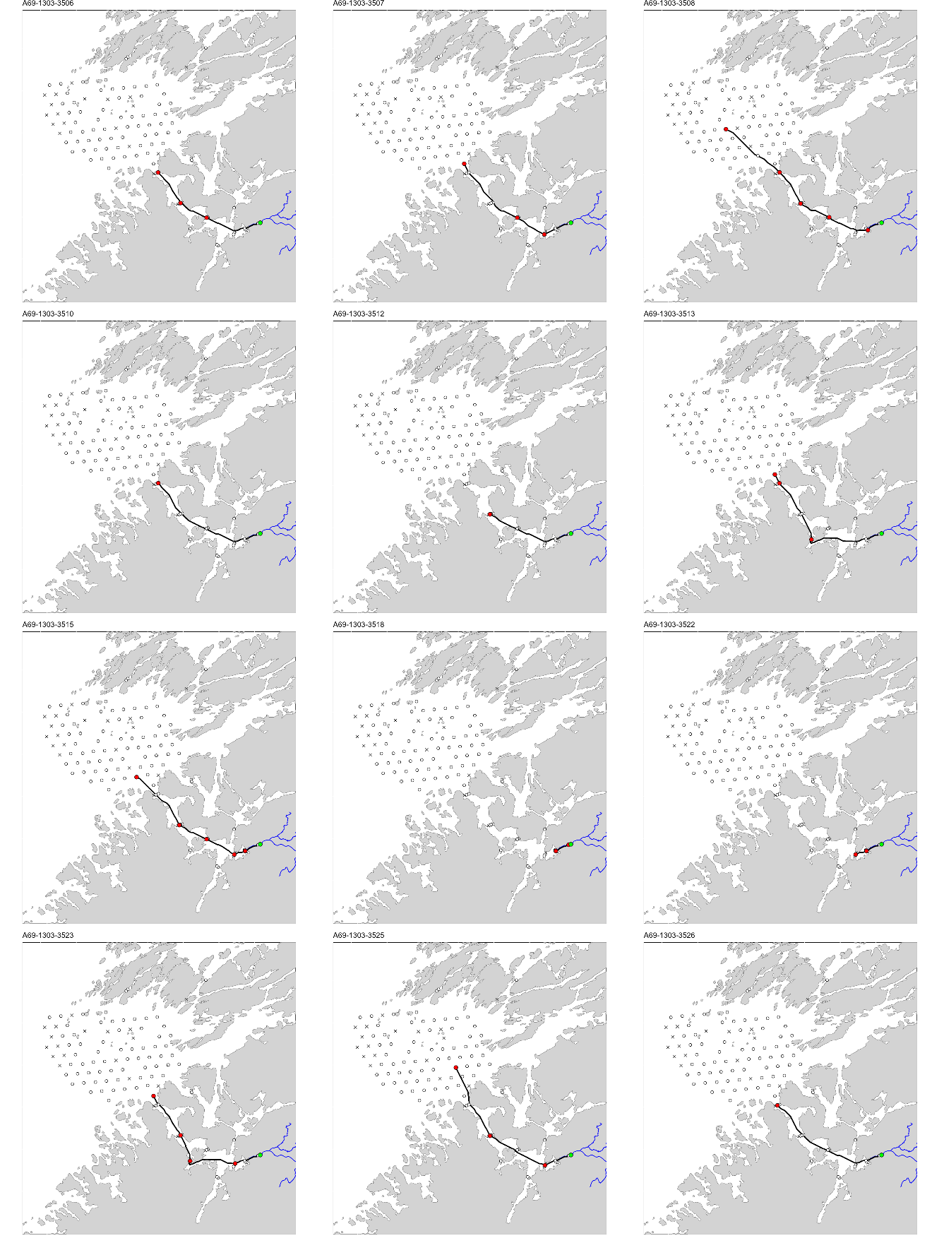 Figur med 12 paneler, der hvert panel viser et kart over studieområdet med en svart linje som viser vandringsruten til en fisk. ID til fisken er gitt øverst på hvert panel.