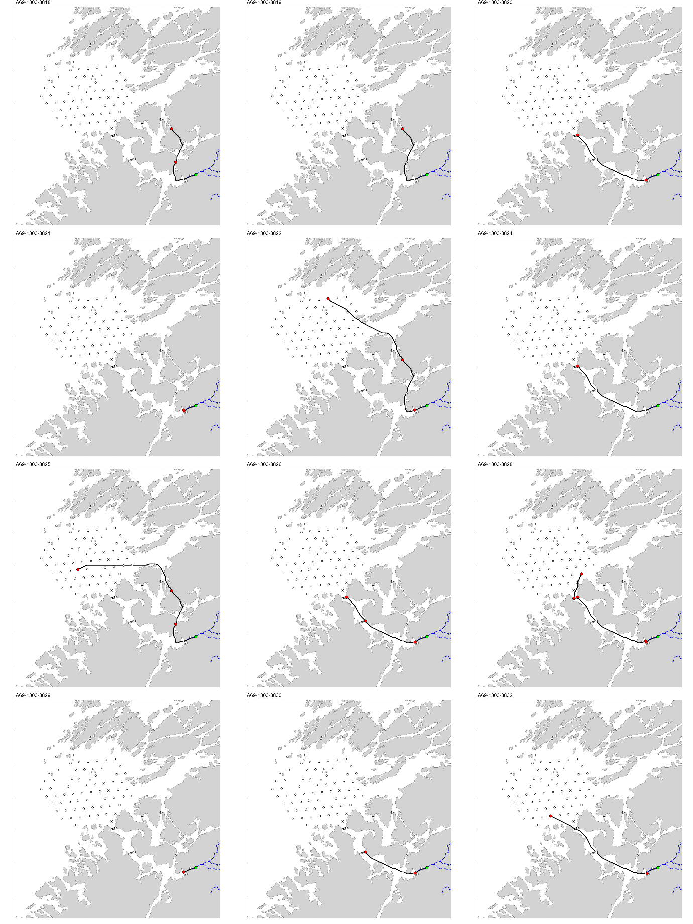 Figur med 12 paneler, der hvert panel viser et kart over studieområdet med en svart linje som viser vandringsruten til en fisk. ID til fisken er gitt øverst på hvert panel.