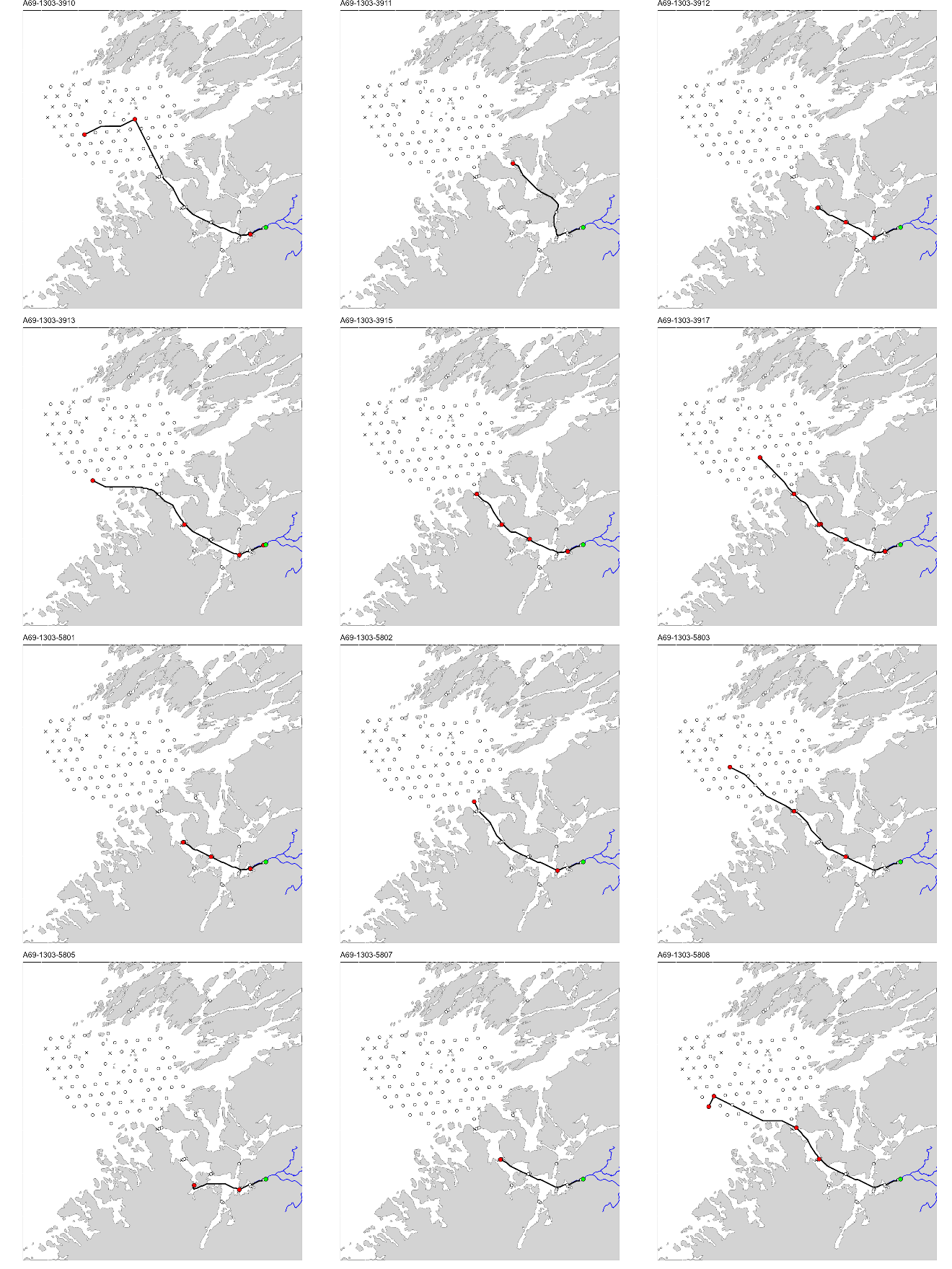 Figur med 12 paneler, der hvert panel viser et kart over studieområdet med en svart linje som viser vandringsruten til en fisk. ID til fisken er gitt øverst på hvert panel.