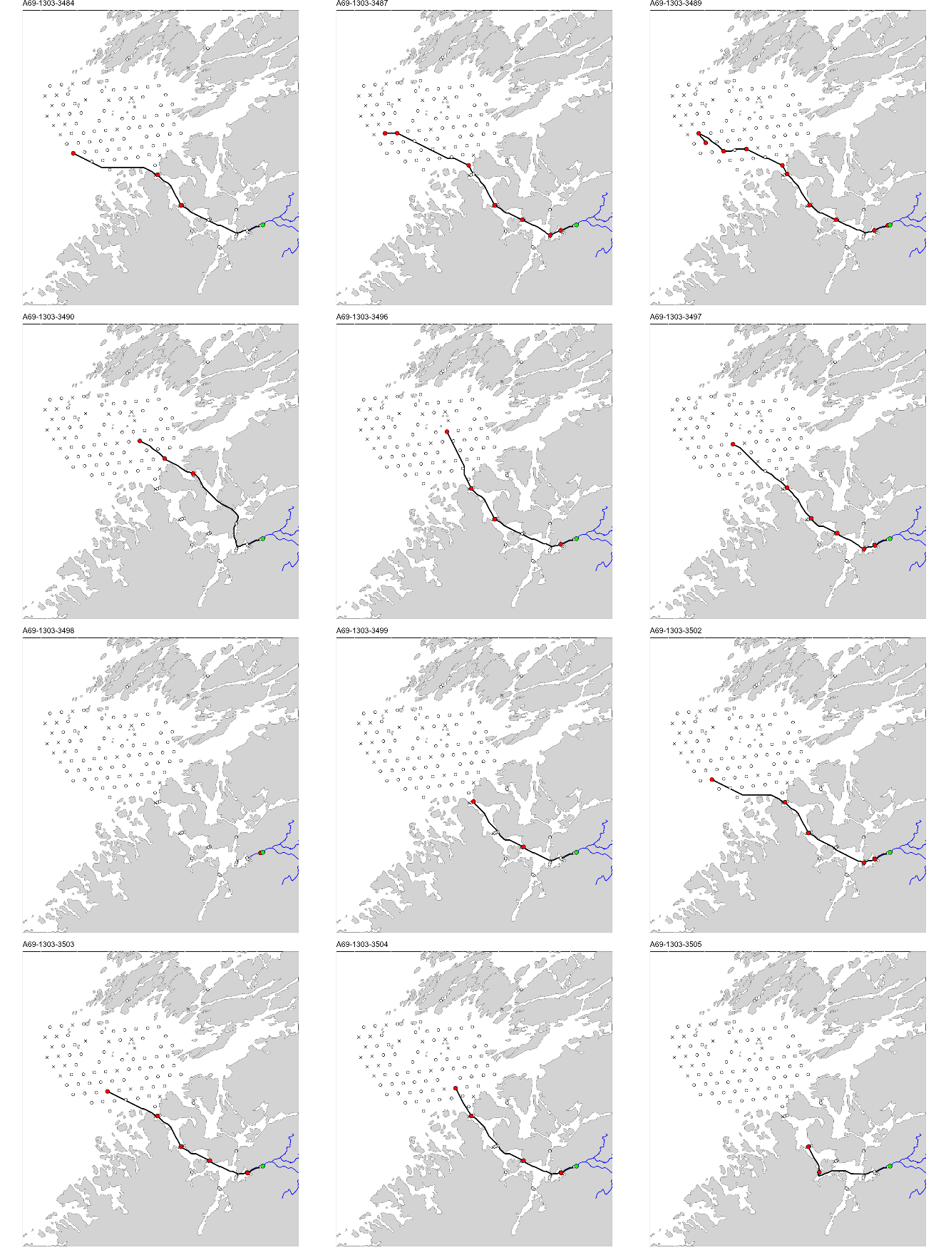 Figur med 12 paneler, der hvert panel viser et kart over studieområdet med en svart linje som viser vandringsruten til en fisk. ID til fisken er gitt øverst på hvert panel.