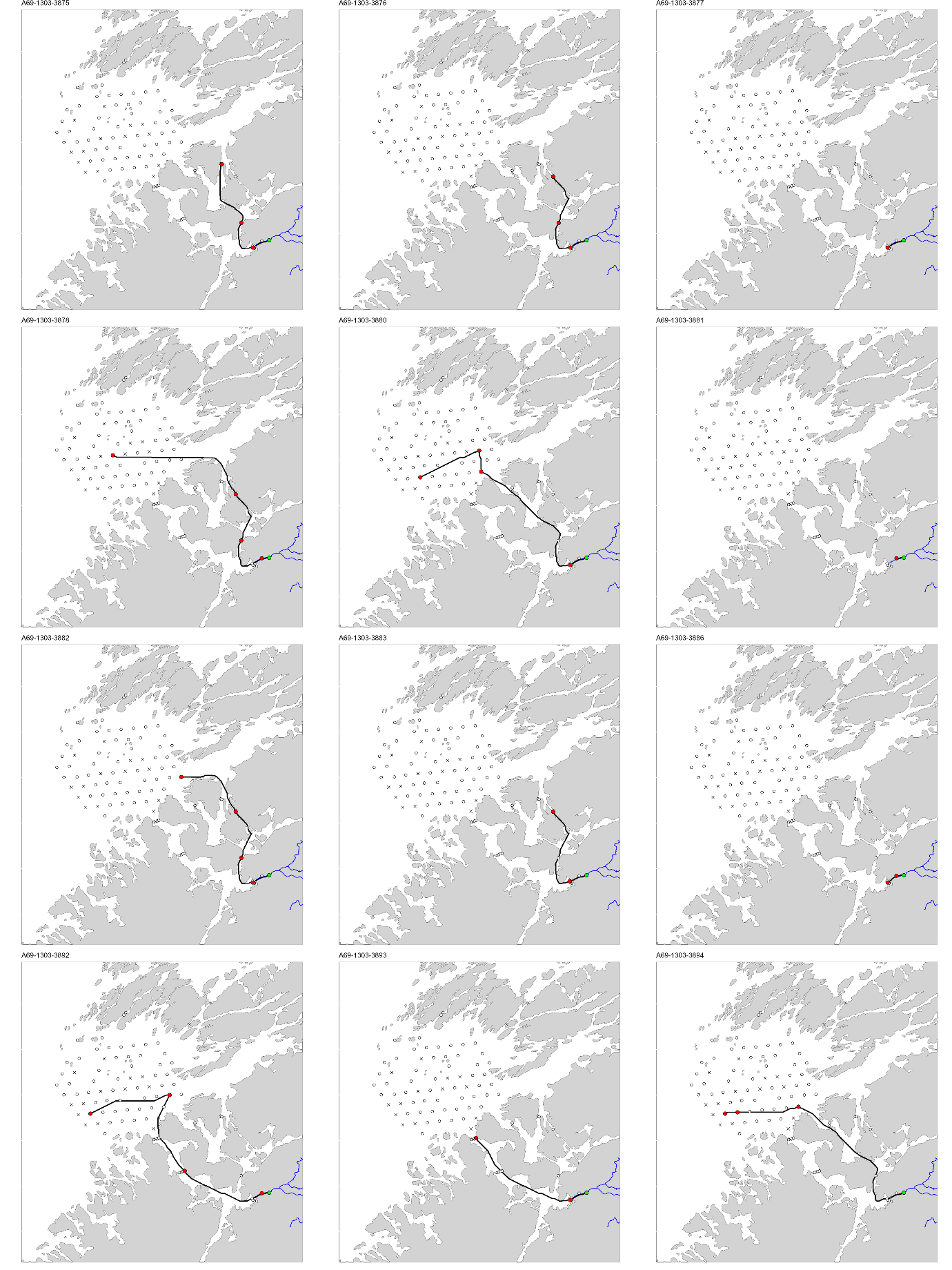 Figur med 12 paneler, der hvert panel viser et kart over studieområdet med en svart linje som viser vandringsruten til en fisk. ID til fisken er gitt øverst på hvert panel.