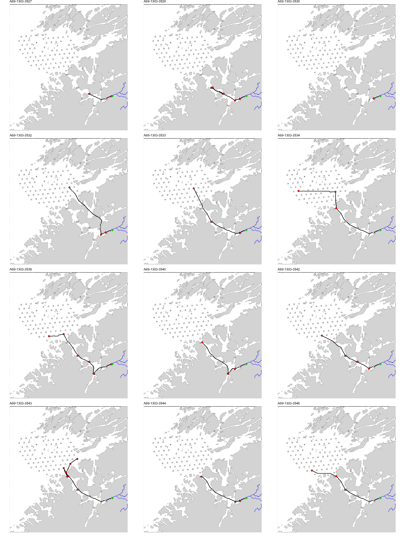 Figur med 12 paneler, der hvert panel viser et kart over studieområdet med en svart linje som viser vandringsruten til en fisk. ID til fisken er gitt øverst på hvert panel.