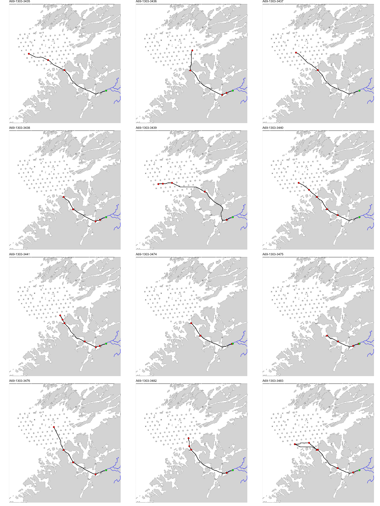 Figur med 12 paneler, der hvert panel viser et kart over studieområdet med en svart linje som viser vandringsruten til en fisk. ID til fisken er gitt øverst på hvert panel.