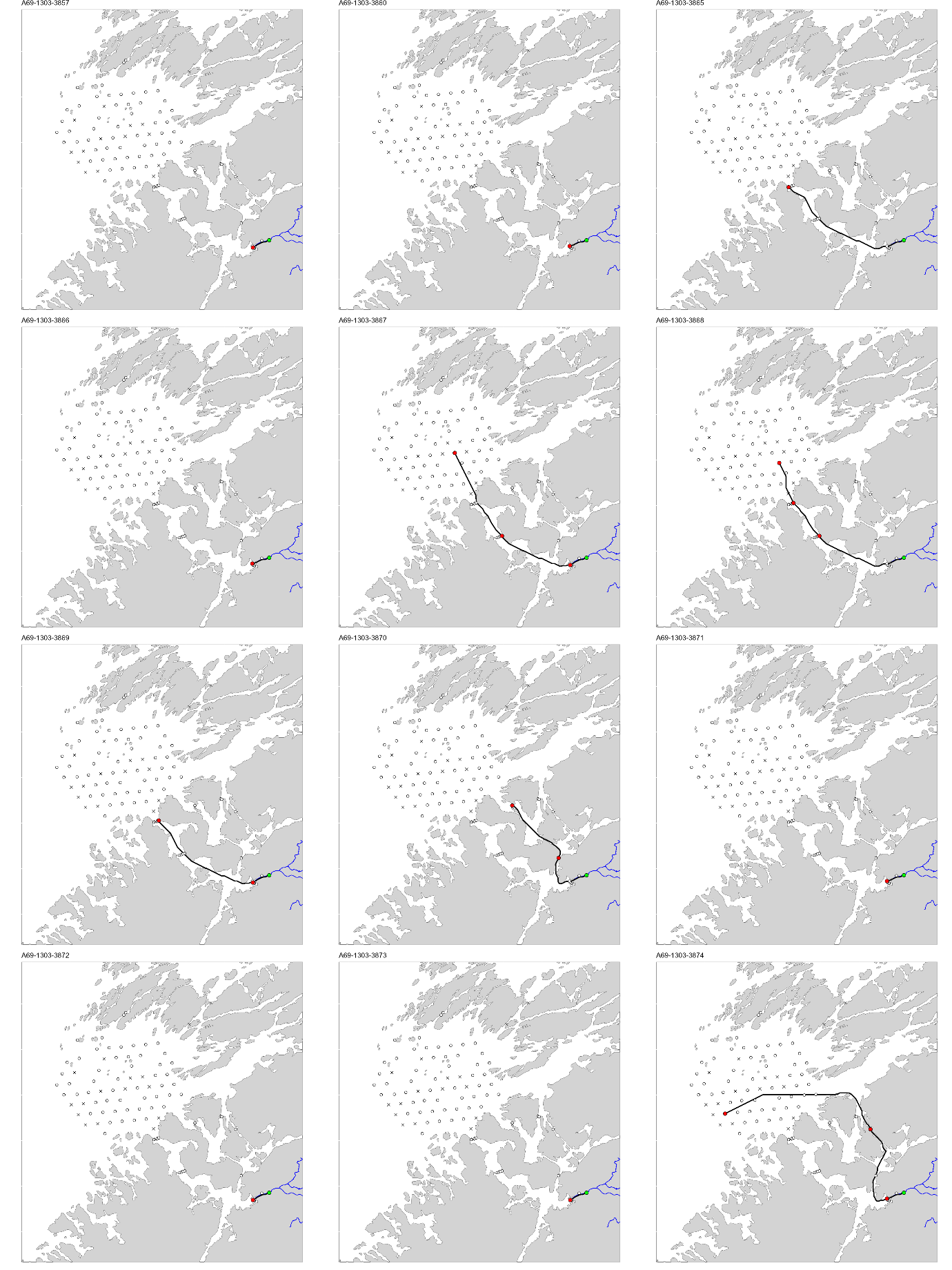 Figur med 12 paneler, der hvert panel viser et kart over studieområdet med en svart linje som viser vandringsruten til en fisk. ID til fisken er gitt øverst på hvert panel.