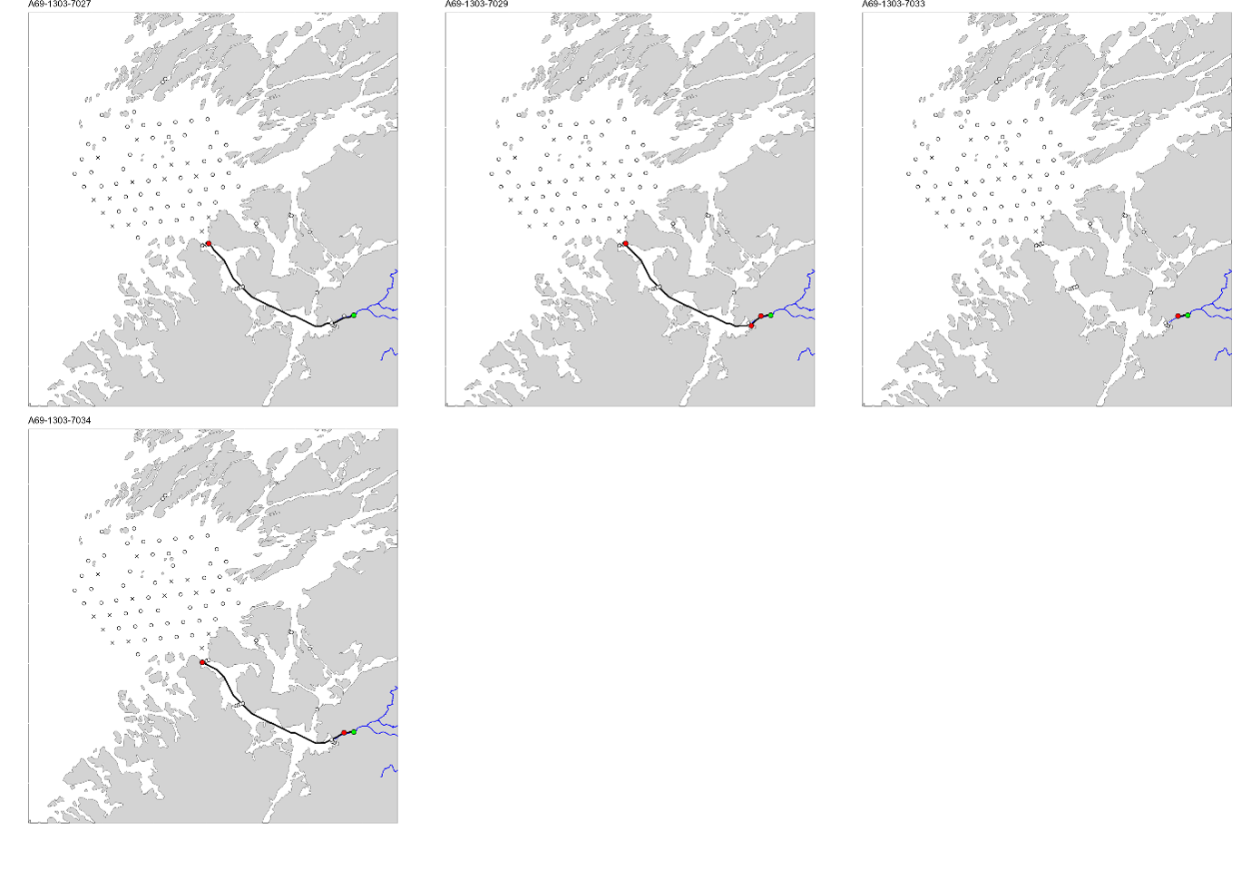  Figur med 4 paneler, der hvert panel viser et kart over studieområdet med en svart linje som viser vandringsruten til en fisk. ID til fisken er gitt øverst på hvert panel.