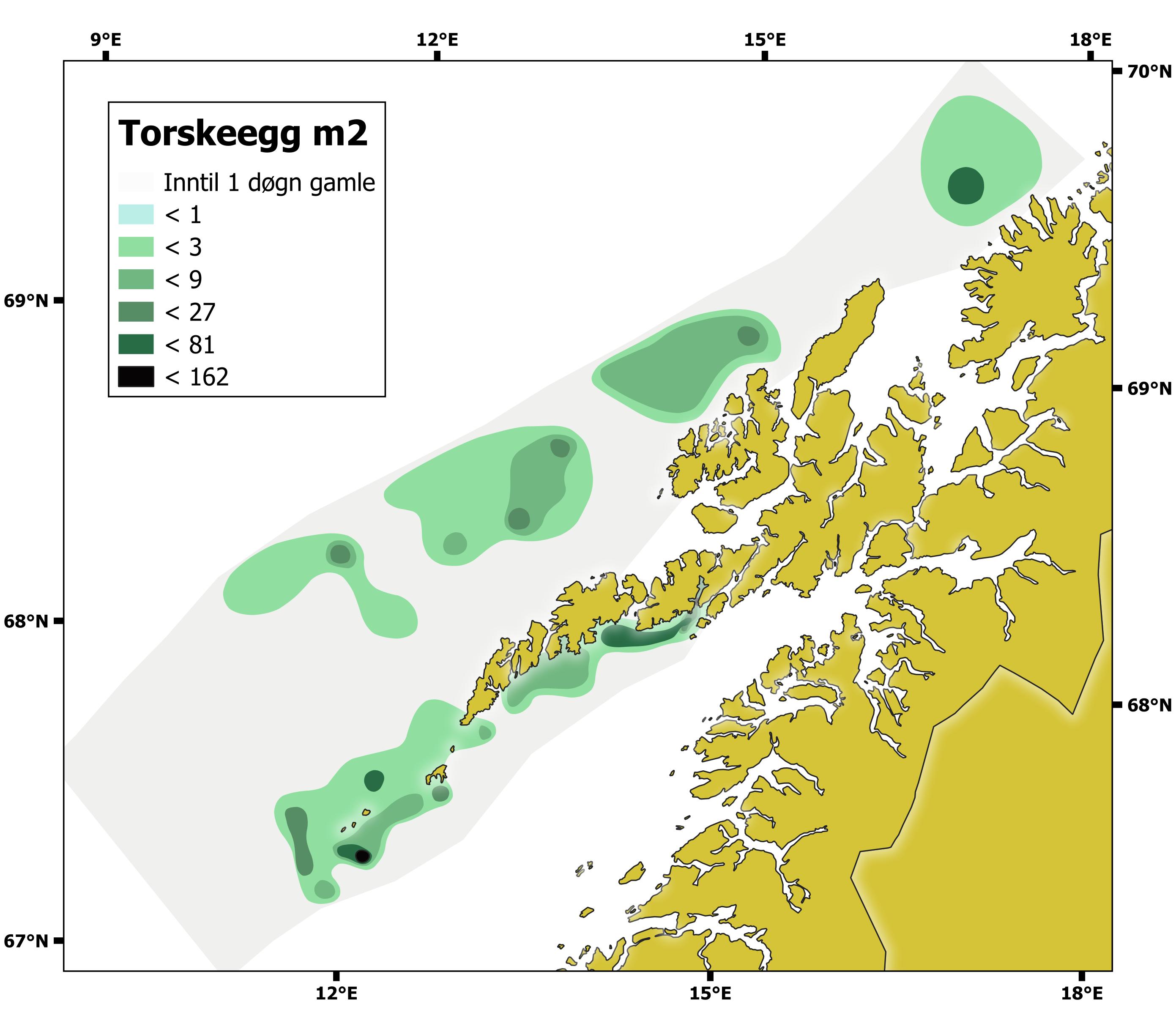 Utbredelse av torskeegg i tidlige utviklingsstadier for skreitokt 2024